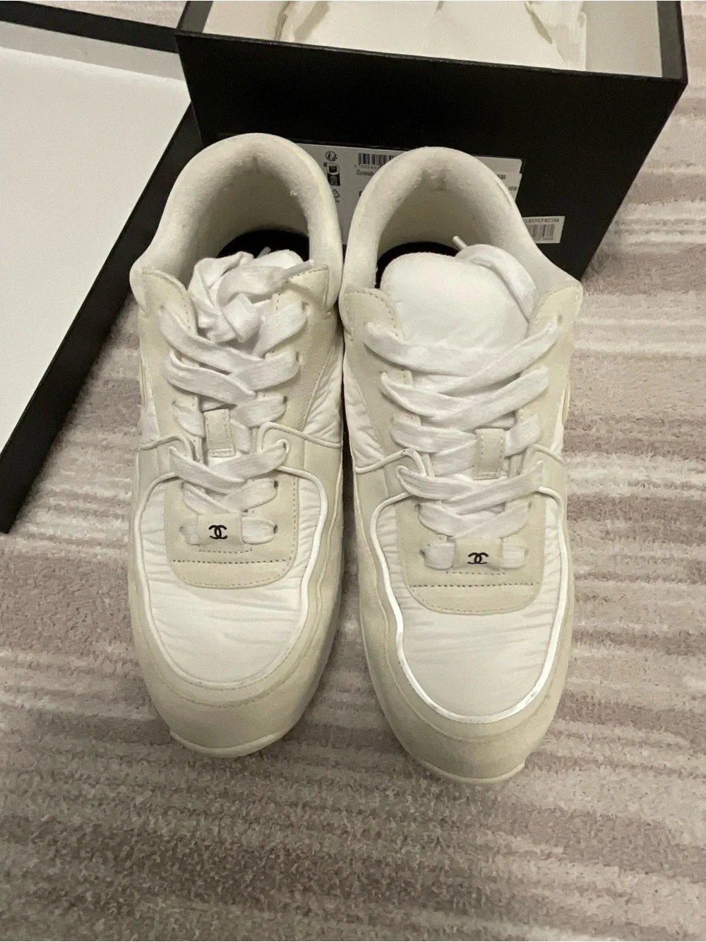Chanel CC Off White Fabric Sneaker w Box SZ 38.5
